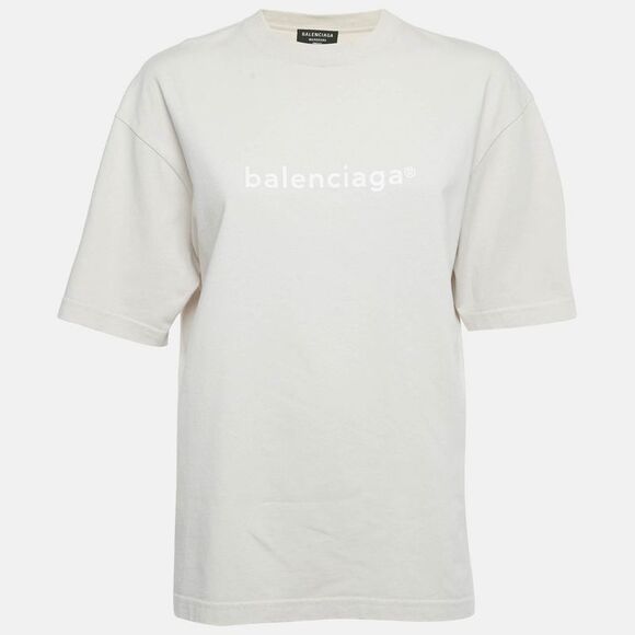 Balenciaga Beige Logo Print Cotton Crewneck T-Shirt Xxs